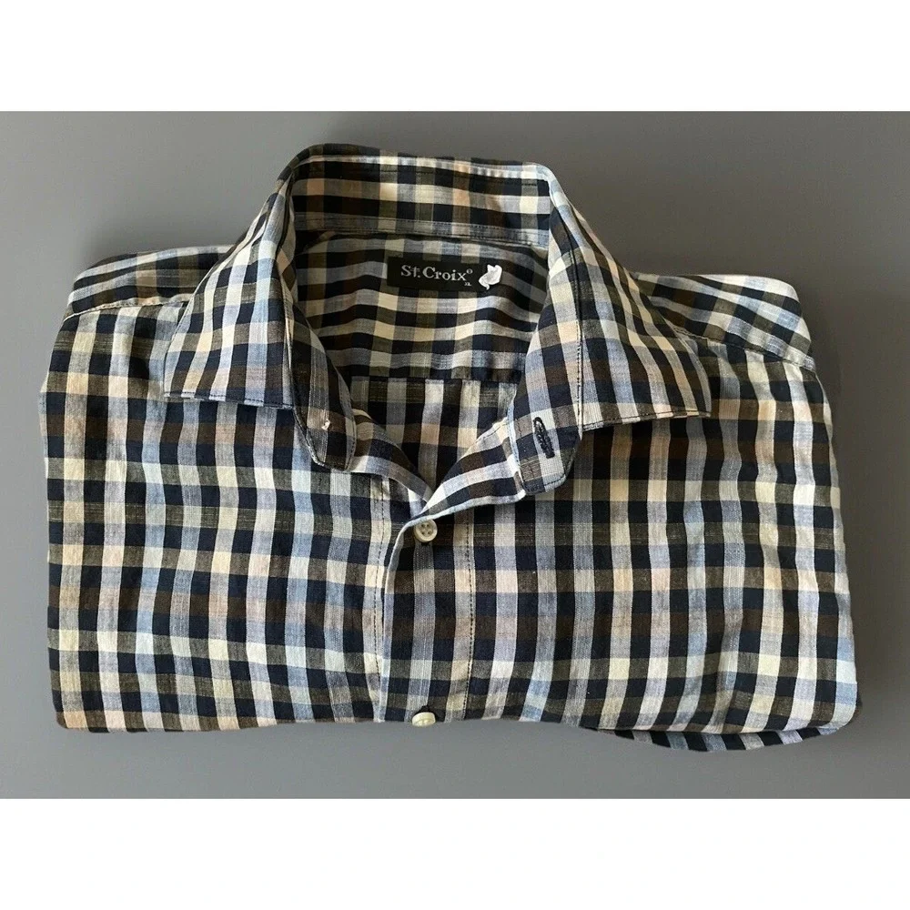 St. Croix Long Sleeve Button Up Shirt Brown Blue Plaid Made In Italy XL JBHS